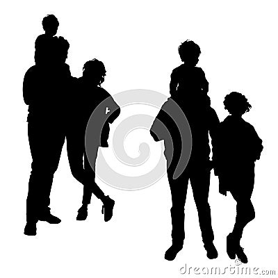 Parents with a child on dad`s shoulders, silhouettes of a married couple in full growth during Vector Illustration